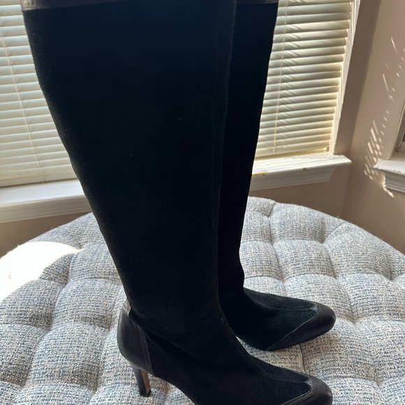 Ann Taylor Loft Women's Black Suede Brogue Style Heel Boots - Picture 1 of 6